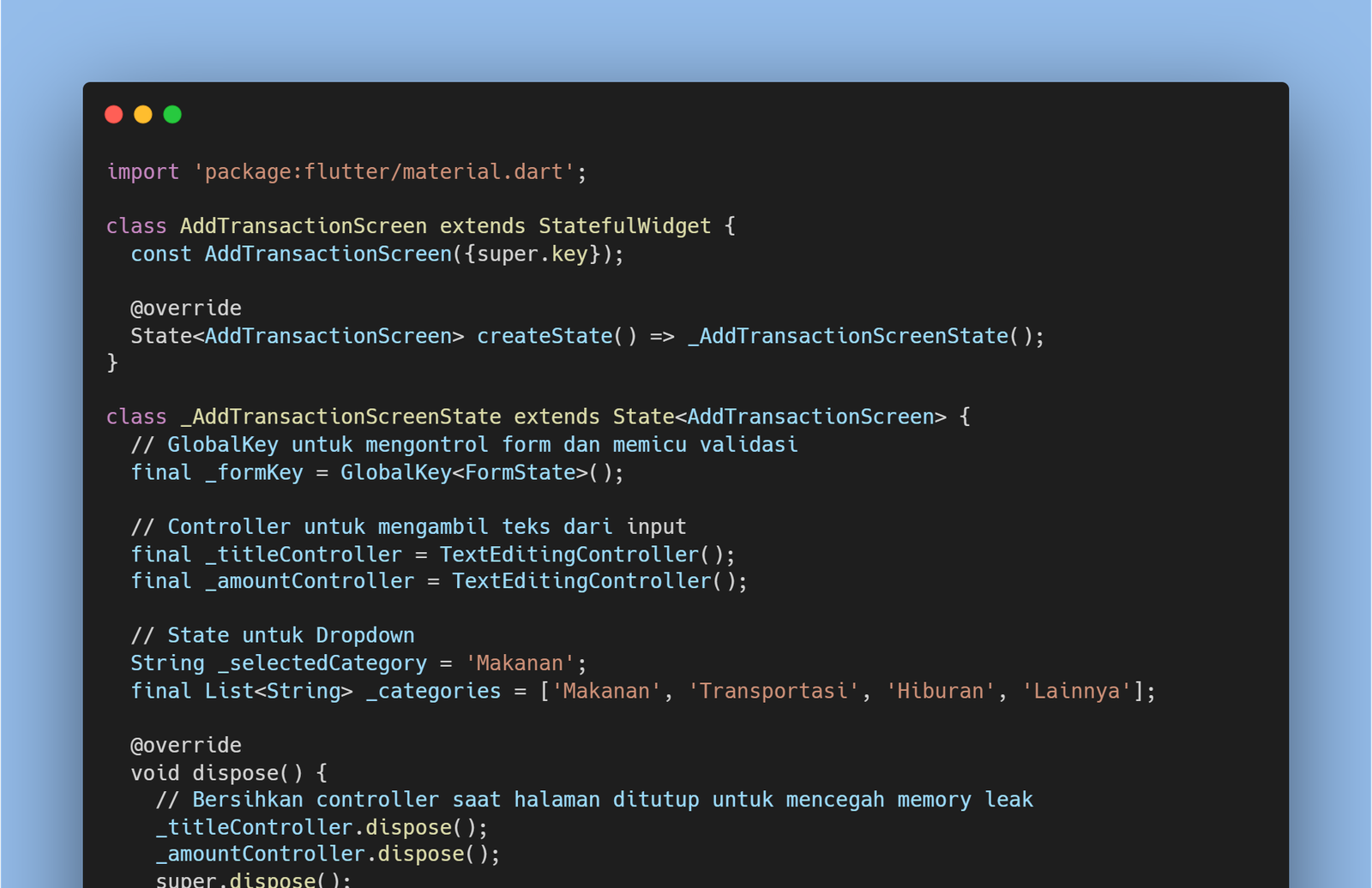 Gambar 1. Cuplikan kode deklarasi GlobalKey, TextEditingController, dan dispose()