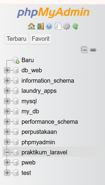 Membuat database praktikum_laravel di phpMyAdmin