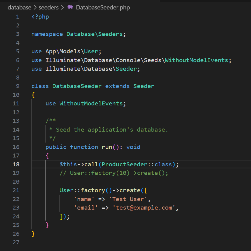 Menghubungkan ProductSeeder pada DatabaseSeeder