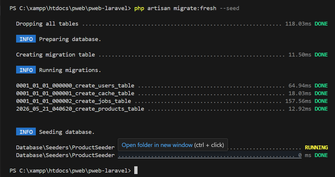 Menjalankan seeder menggunakan php artisan migrate fresh seed
