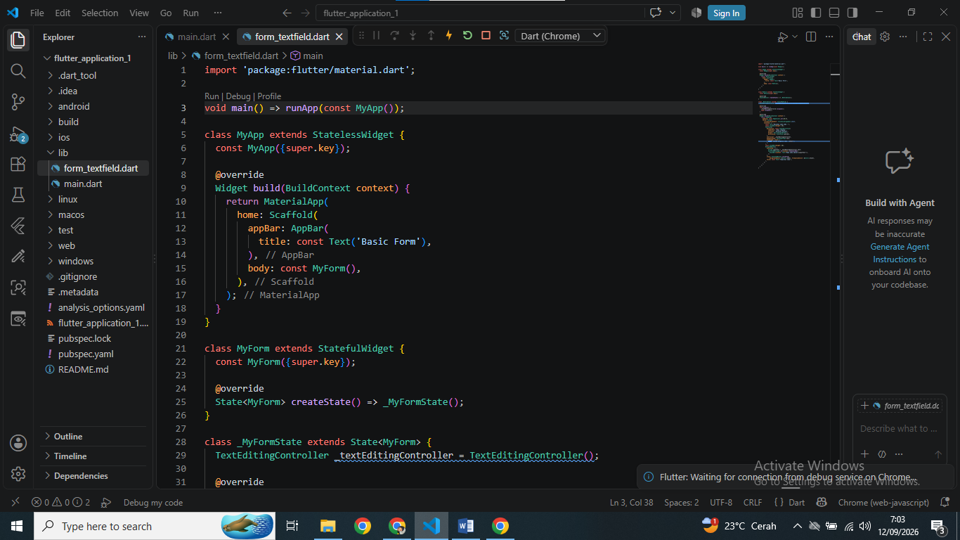 Gambar 1. Proses menjalankan form_textfield.dart, Flutter sedang menunggu koneksi ke Chrome.