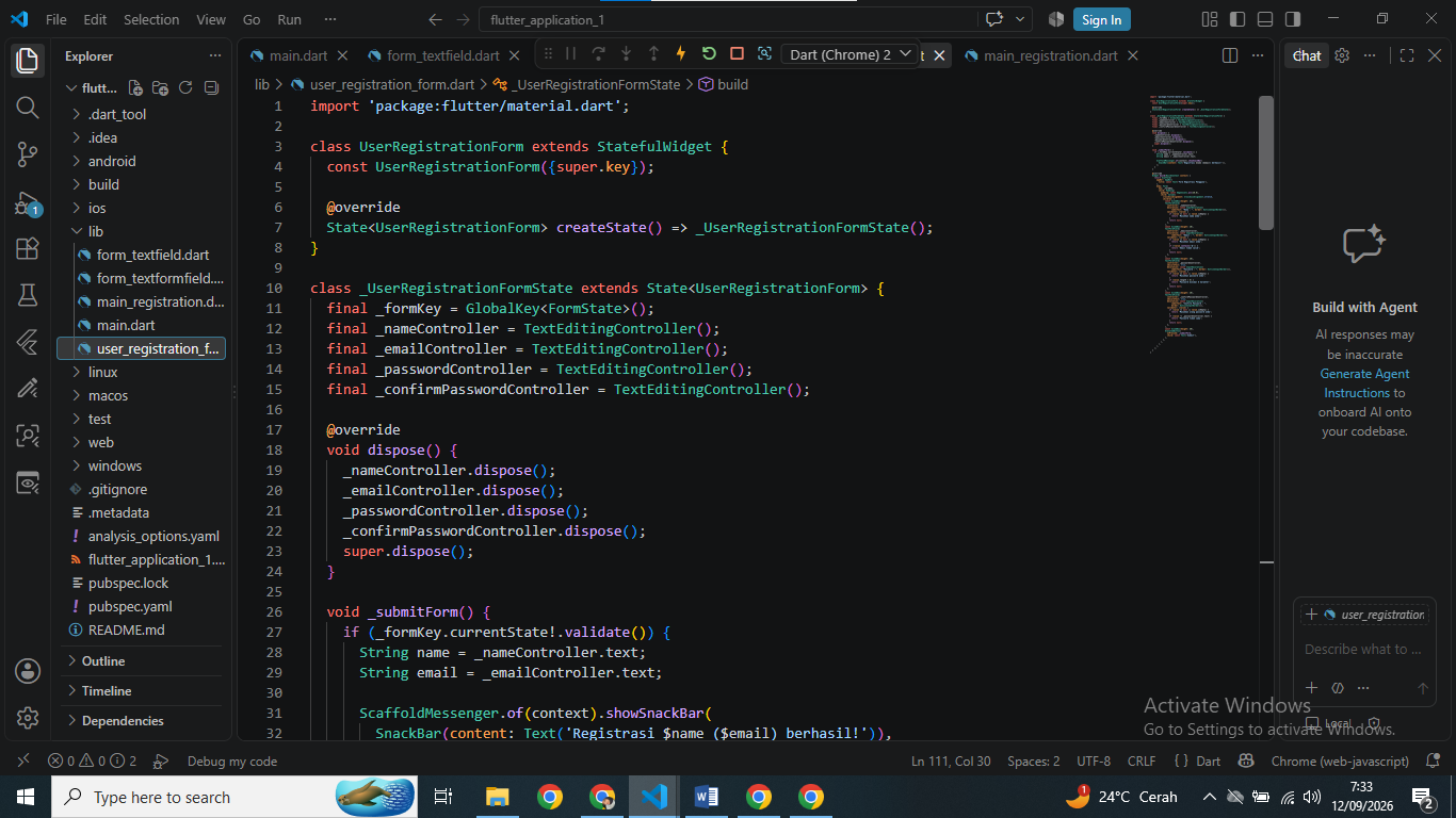 Gambar 8. Struktur kode user_registration_form.dart dengan 4 controller dan validator masing-masing field.