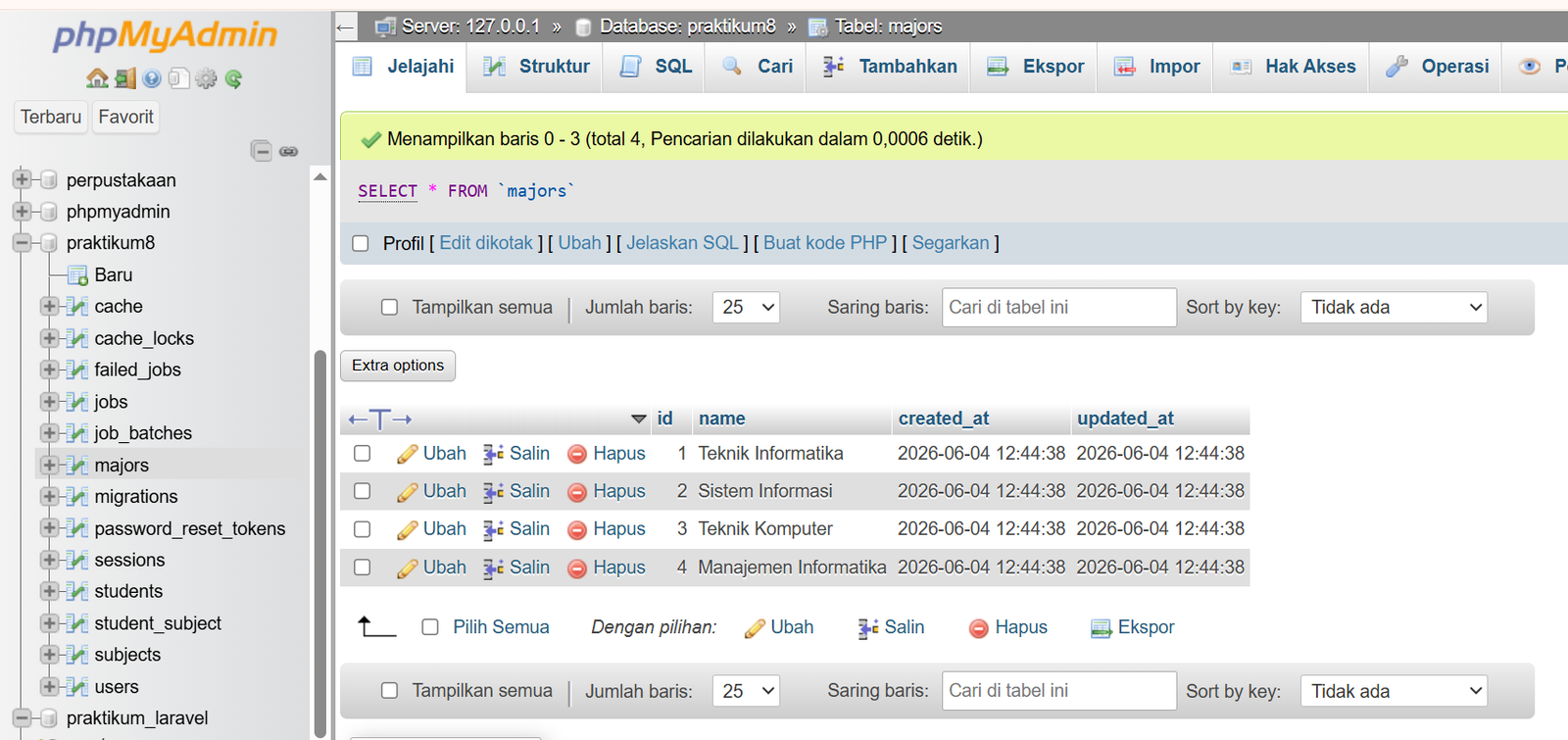Gambar 19. Tabel majors pada database