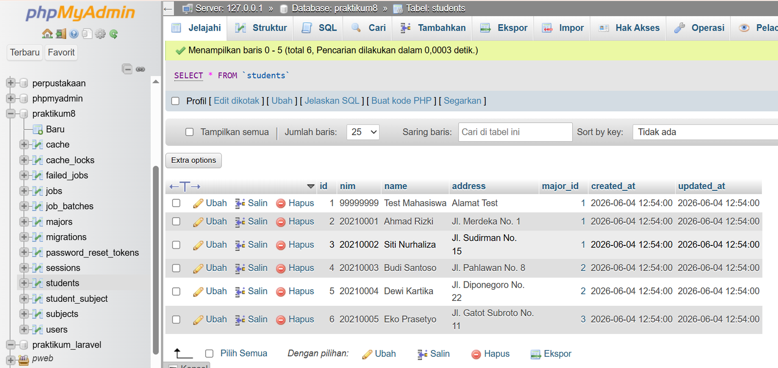 Gambar 20. Tabel students pada database
